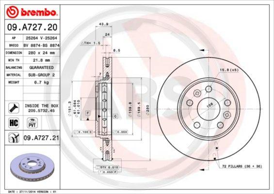 A.B.S. 09.A727.21 - Гальмівний диск autocars.com.ua