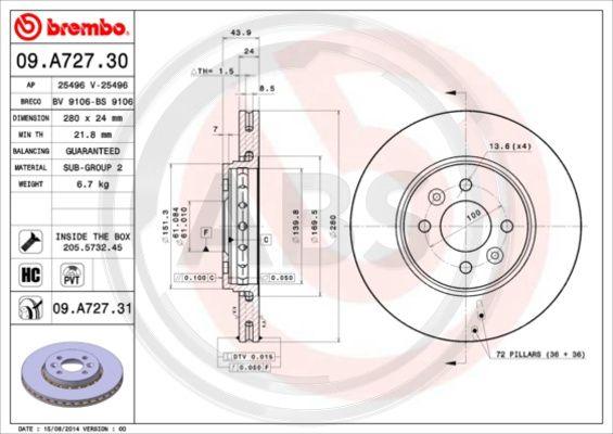 A.B.S. 09.A727.31 - Гальмівний диск autocars.com.ua