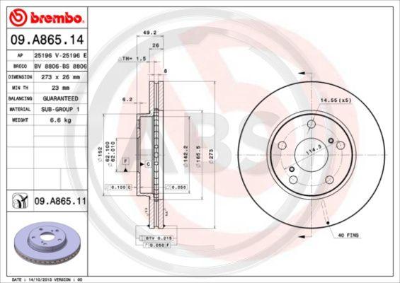 A.B.S. 09.A865.11 - Гальмівний диск autocars.com.ua