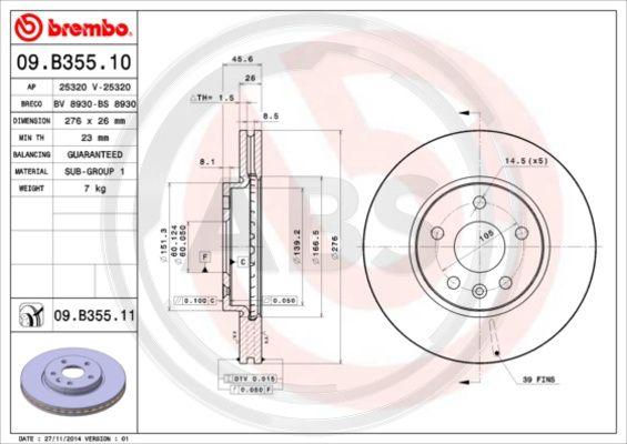 A.B.S. 09.B355.10 - Гальмівний диск autocars.com.ua