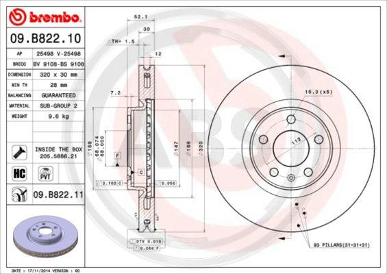 A.B.S. 09.B822.11 - Гальмівний диск autocars.com.ua