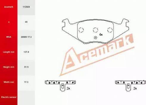 Acemark 112504 - Гальмівні колодки, дискові гальма autocars.com.ua