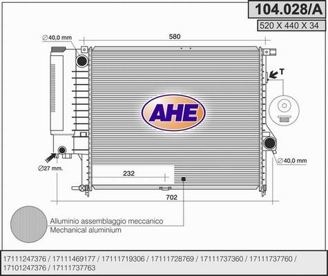 AHE 104.028/A - Радіатор, охолодження двигуна autocars.com.ua