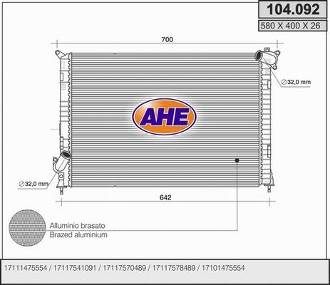 AHE 104.092 - Радіатор, охолодження двигуна autocars.com.ua