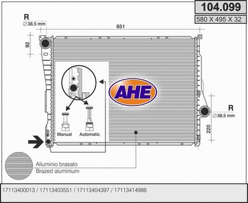 AHE 104.099 - Радіатор, охолодження двигуна autocars.com.ua