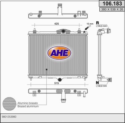 AHE 106.183 - Радіатор, охолодження двигуна autocars.com.ua