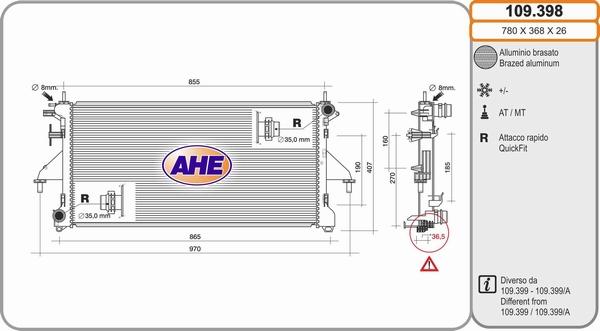 AHE 109.398 - Радіатор, охолодження двигуна autocars.com.ua