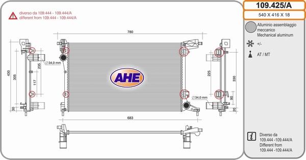 AHE 109.425/A - Радіатор, охолодження двигуна autocars.com.ua