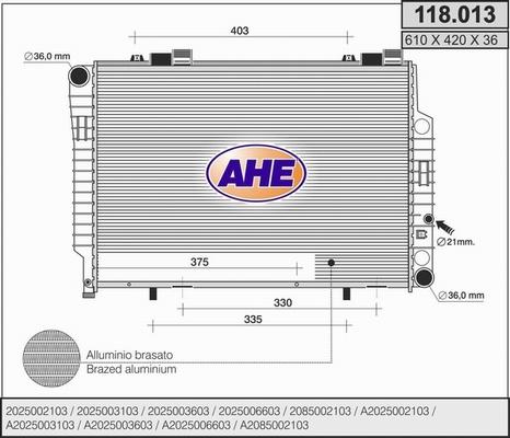 AHE 118.013 - Радіатор, охолодження двигуна autocars.com.ua