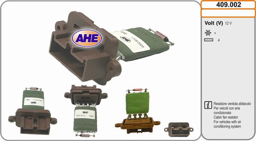 AHE 409.002 - Додатковий резистор, електромотор - вентилятор радіатора autocars.com.ua