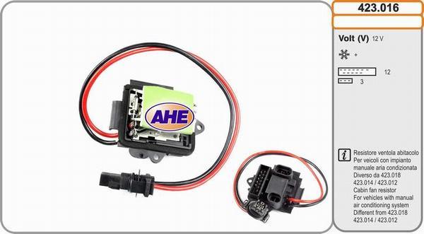AHE 423.016 - Додатковий резистор, електромотор - вентилятор радіатора autocars.com.ua
