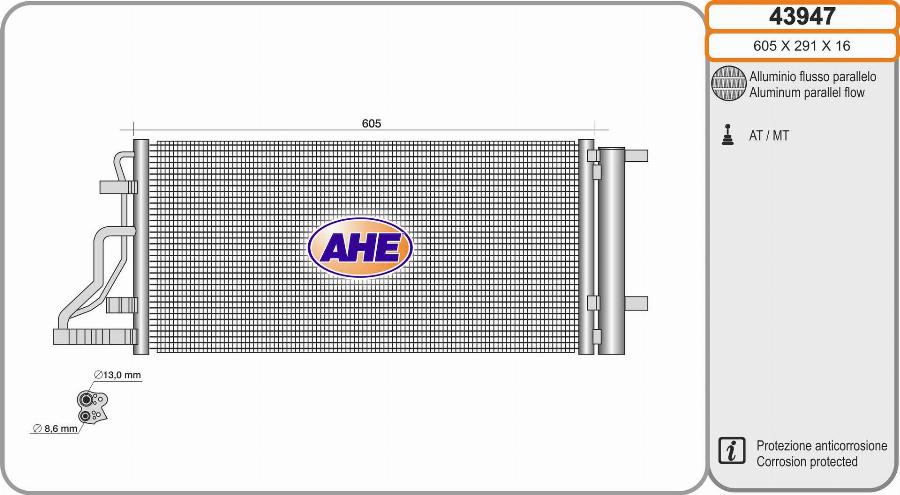AHE 43947 - Конденсатор, кондиціонер autocars.com.ua