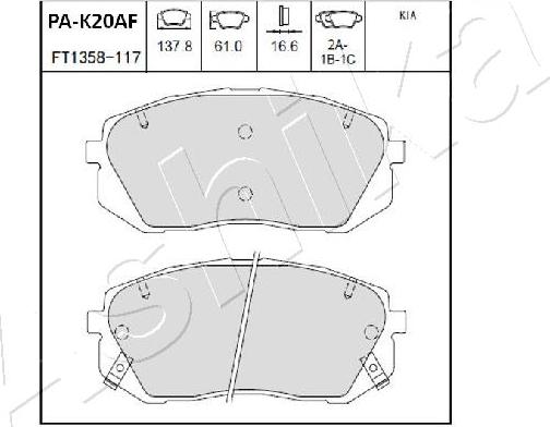 Ashika 50-0K-K20 - Гальмівні колодки перед. Kia Carens 07--Sportage 04- mando autocars.com.ua