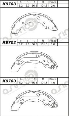 Asimco K9703 - Комплект тормозных колодок, барабанные avtokuzovplus.com.ua