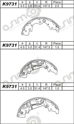 Asimco K9731 - Комплект тормозных колодок, барабанные autodnr.net