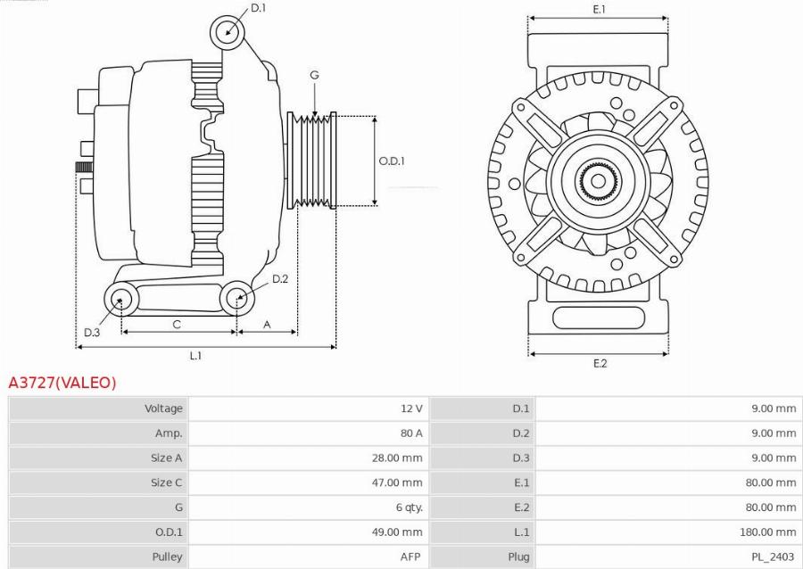 AS-PL A3727(VALEO) - Генератор avtokuzovplus.com.ua