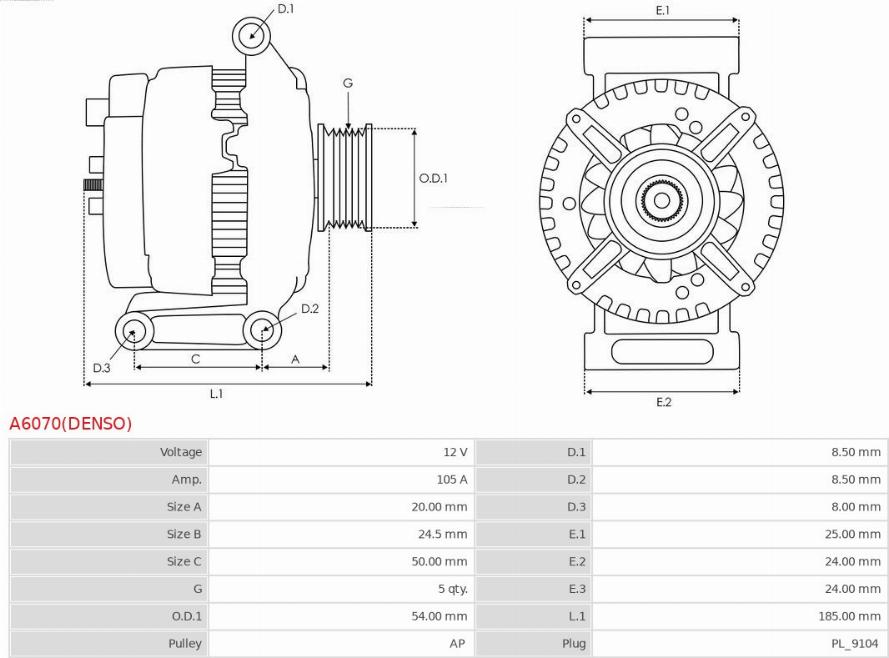 AS-PL A6070(DENSO) - Генератор autocars.com.ua