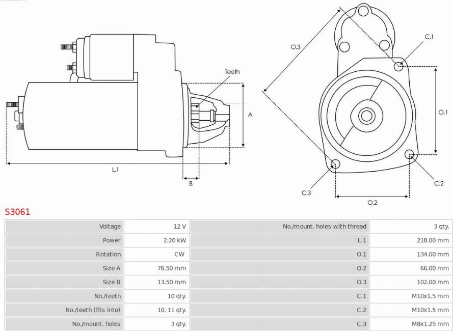 AS-PL S3061 - Стартер 12V 2.20kW autocars.com.ua