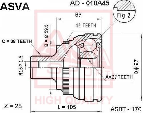 ASVA AD-010A45 - Шарнирный комплект, ШРУС, приводной вал avtokuzovplus.com.ua