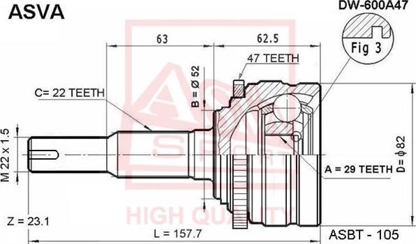 ASVA DW-600A47 - Шарнірний комплект, ШРУС, приводний вал autocars.com.ua