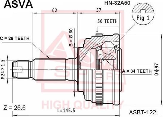 ASVA HN-32A50 - Шарнірний комплект, ШРУС, приводний вал autocars.com.ua