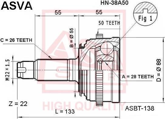 ASVA HN-38A50 - Шарнирный комплект, ШРУС, приводной вал avtokuzovplus.com.ua