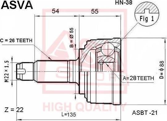 ASVA HN-38 - Шарнирный комплект, ШРУС, приводной вал avtokuzovplus.com.ua