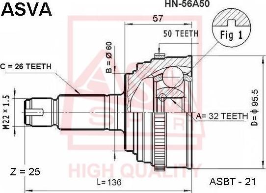 ASVA HN-56A50 - Шарнірний комплект, ШРУС, приводний вал autocars.com.ua
