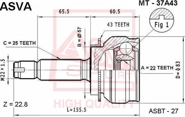 ASVA MT-37A43 - Шарнірний комплект, ШРУС, приводний вал autocars.com.ua