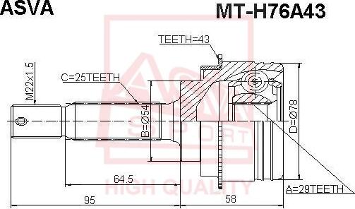 ASVA MT-H76A43 - Шарнірний комплект, ШРУС, приводний вал autocars.com.ua