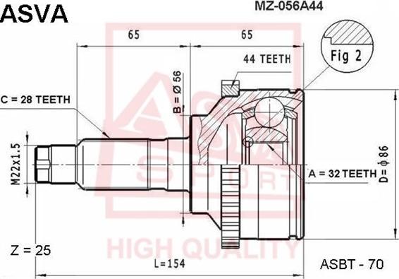 ASVA MZ-056A44 - Шарнірний комплект, ШРУС, приводний вал autocars.com.ua