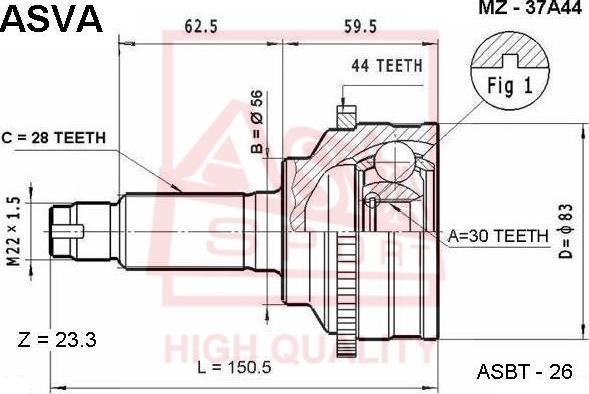 ASVA MZ-37A44 - Шарнирный комплект, ШРУС, приводной вал avtokuzovplus.com.ua