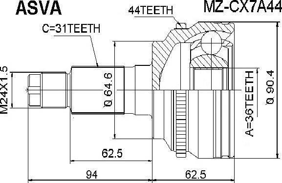 ASVA MZ-CX7A44 - Шарнирный комплект, ШРУС, приводной вал autodnr.net