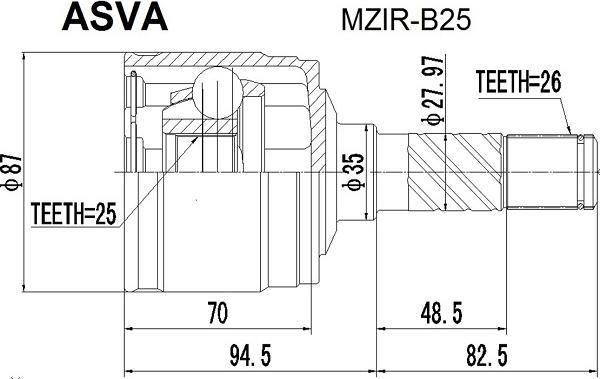 ASVA MZIR-B25 - Шарнірний комплект, ШРУС, приводний вал autocars.com.ua