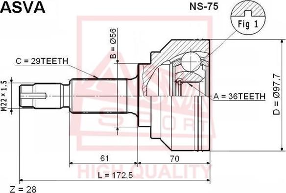 ASVA NS-75 - Шарнирный комплект, ШРУС, приводной вал avtokuzovplus.com.ua