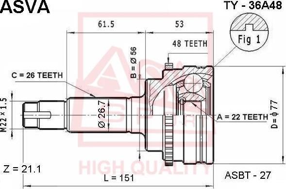 ASVA TY-36A48 - Шарнірний комплект, ШРУС, приводний вал autocars.com.ua