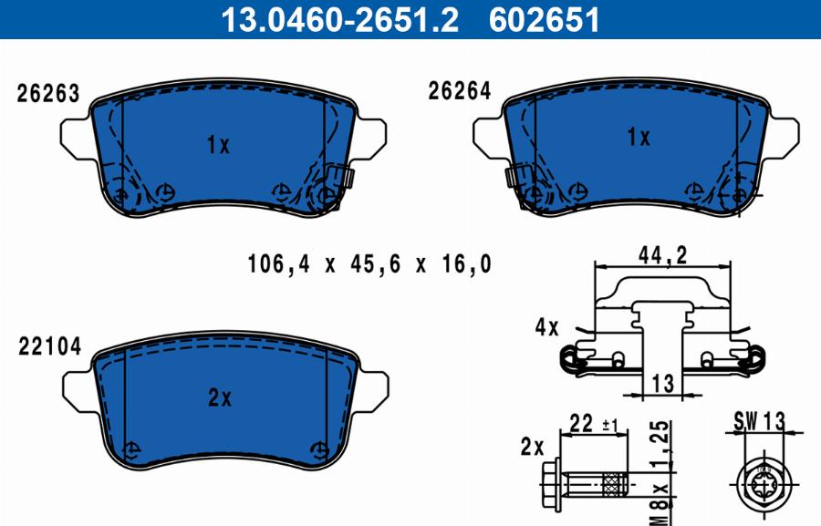 ATE 13.0460-2651.2 - Гальмівні колодки, дискові гальма autocars.com.ua