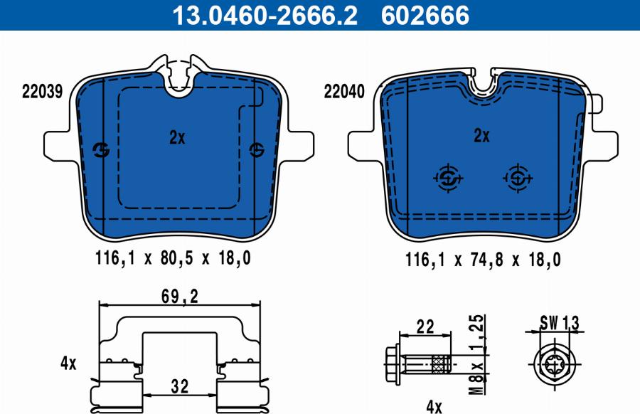 ATE 13.0460-2666.2 - Тормозные колодки, дисковые, комплект avtokuzovplus.com.ua