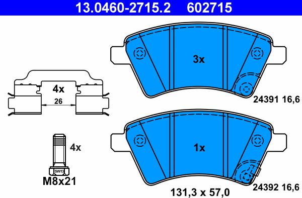 ATE 13.0460-2715.2 - Гальмівні колодки, дискові гальма autocars.com.ua