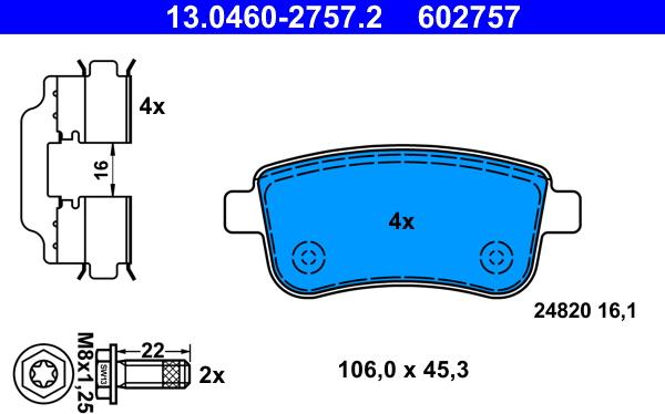 ATE 13.0460-2757.2 - Тормозные колодки, дисковые, комплект avtokuzovplus.com.ua