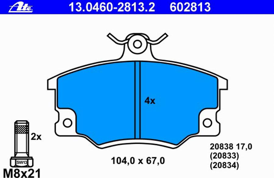 ATE 13.0460-2813.2 - Тормозные колодки, дисковые, комплект avtokuzovplus.com.ua