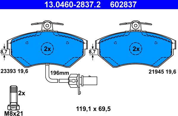 ATE 13.0460-2837.2 - Тормозные колодки, дисковые, комплект autodnr.net