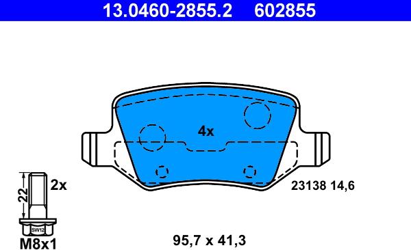 ATE 13.0460-2855.2 - Тормозные колодки, дисковые, комплект avtokuzovplus.com.ua