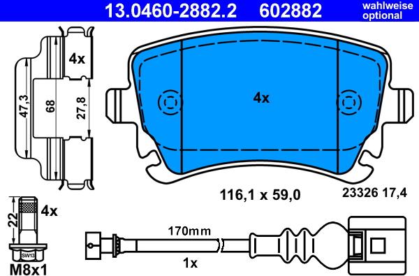 ATE 13.0460-2882.2 - Тормозные колодки, дисковые, комплект avtokuzovplus.com.ua