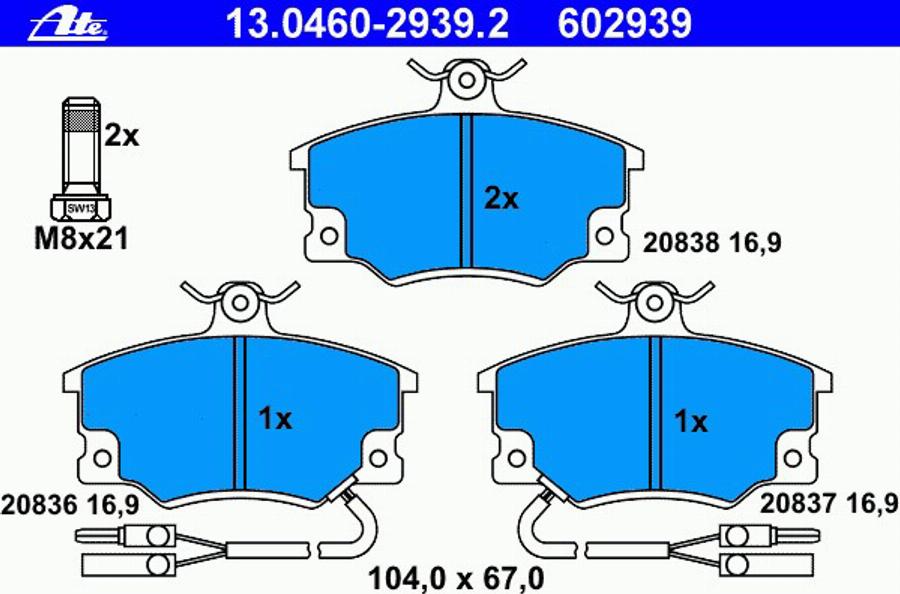 ATE 13.0460-2939.2 - Тормозные колодки, дисковые, комплект avtokuzovplus.com.ua