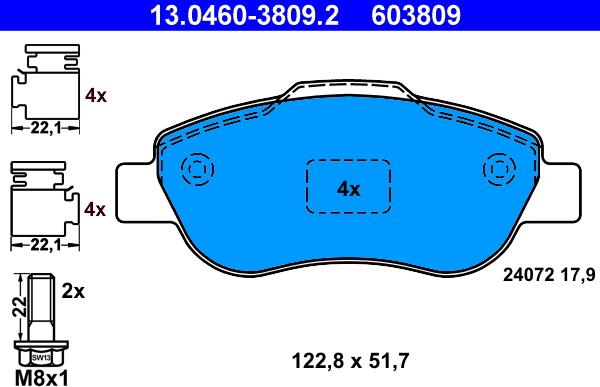 ATE 13.0460-3809.2 - Тормозные колодки, дисковые, комплект avtokuzovplus.com.ua