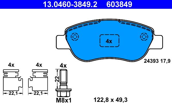 ATE 13.0460-3849.2 - Тормозные колодки, дисковые, комплект avtokuzovplus.com.ua