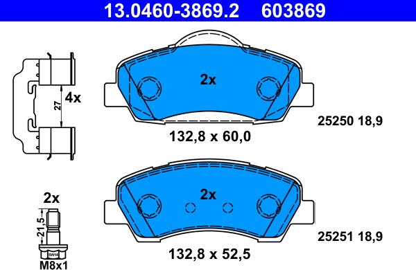 ATE 13.0460-3869.2 - Гальмівні колодки, дискові гальма autocars.com.ua