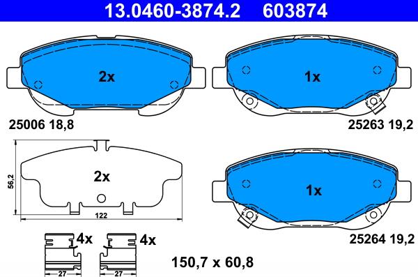 ATE 13.0460-3874.2 - Гальмівні колодки, дискові гальма autocars.com.ua