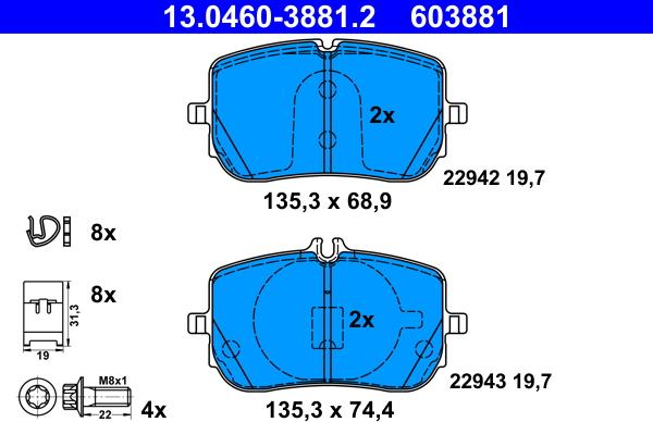 ATE 13.0460-3881.2 - Гальмівні колодки, дискові гальма autocars.com.ua